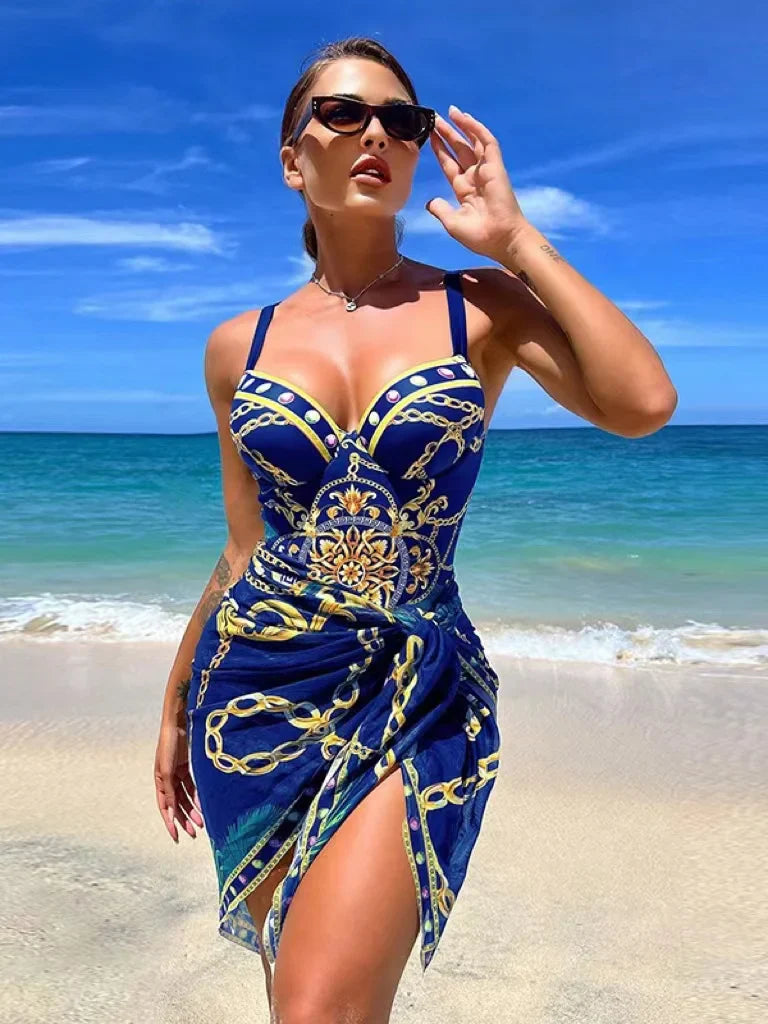 Luxury New Two Piece Women Bikini Set Push Up Floral Printed Bikini Strappy Bandage Swimwear Brazilian Biquini Bathing Suit blue YZ309