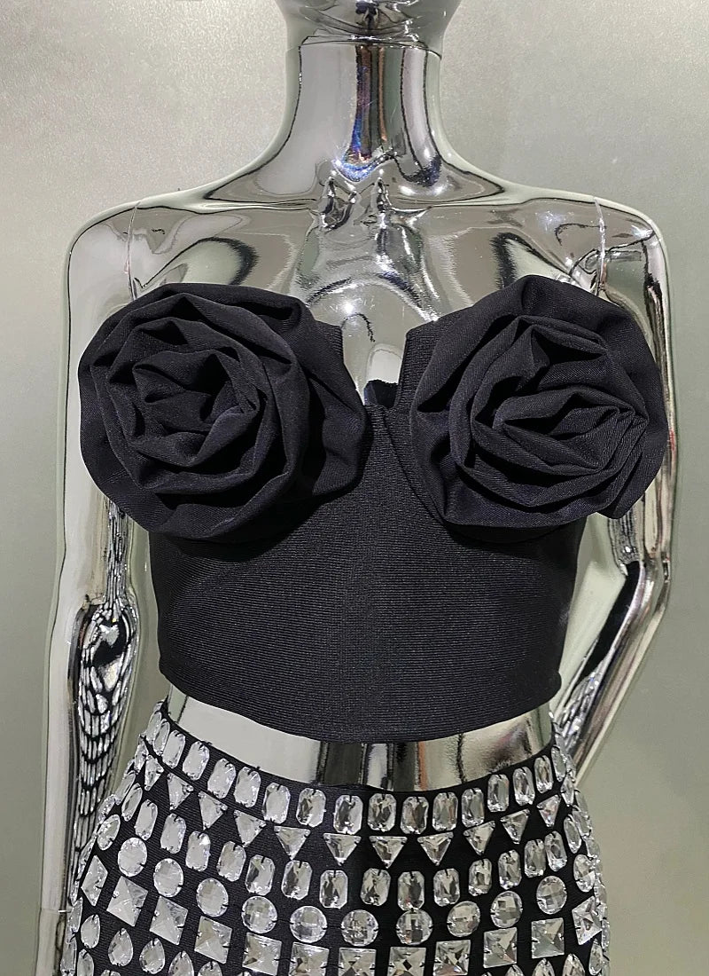 STOCK Stylish Sexy Woman Item Stereoscopic Flowers Strapless Top Summer Party Music Festival Vestido Holiday Vocation Outfit black