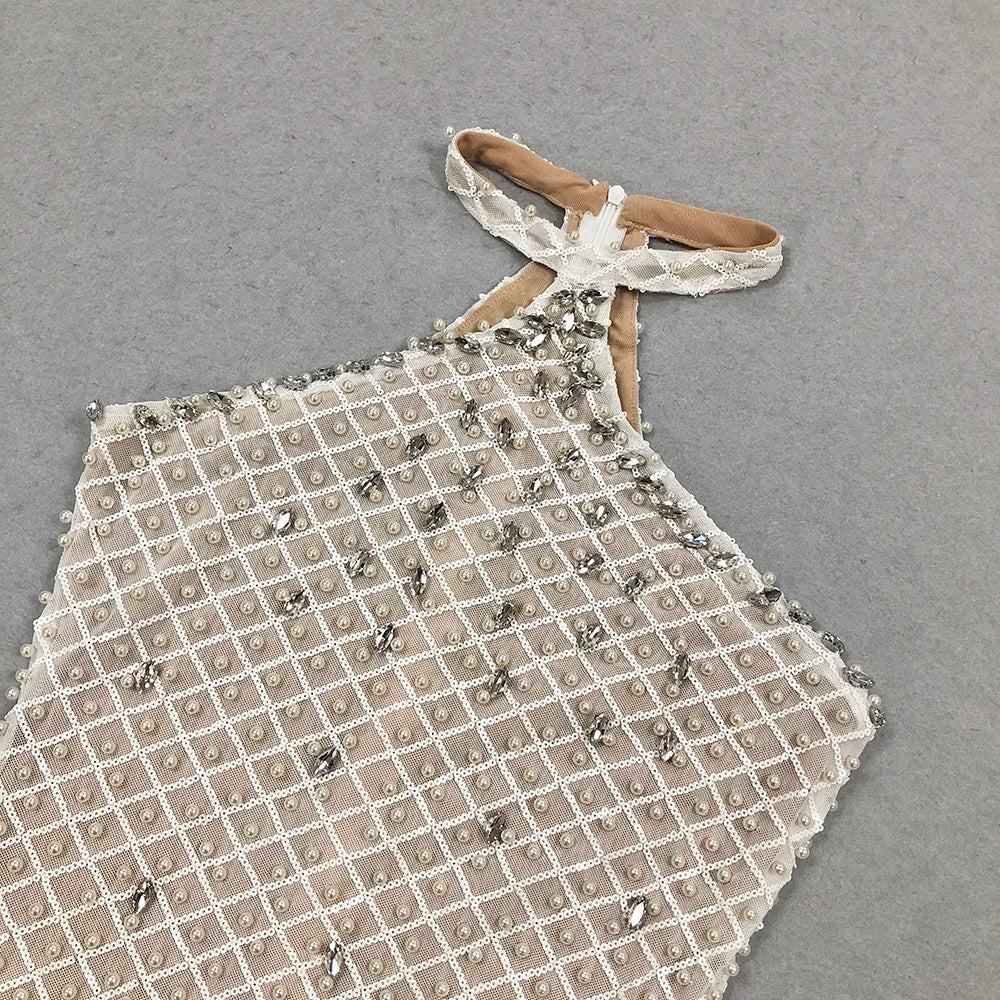 2025 Spring Sexy Women's Light Luxury Nail Bead Design Maxi Dress O-Neck Sleeveless Bodycon Tail Long Dress Club Party Vestidos