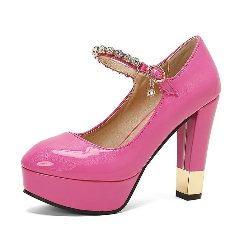 SIMLOVEYO Patent Leather Women Pumps Round Toe High Heels 11.5cm Platform Buckle Strap Size 49 50 Sexy Party Shoes red