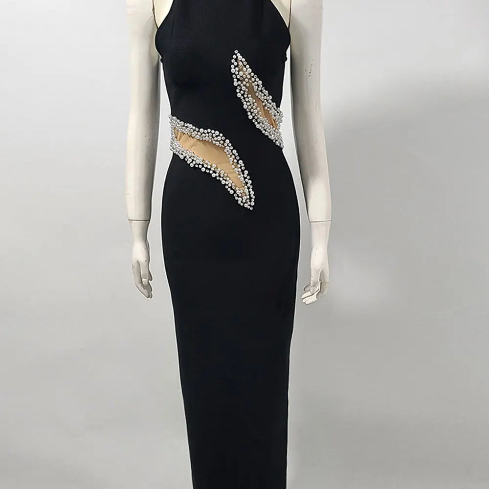 2025 Elegant Women's Light Luxury Nail Bead Patchwork Design Bandage Dress O-Neck Sleeveless Bodycon Long Dresses Party Vestidos