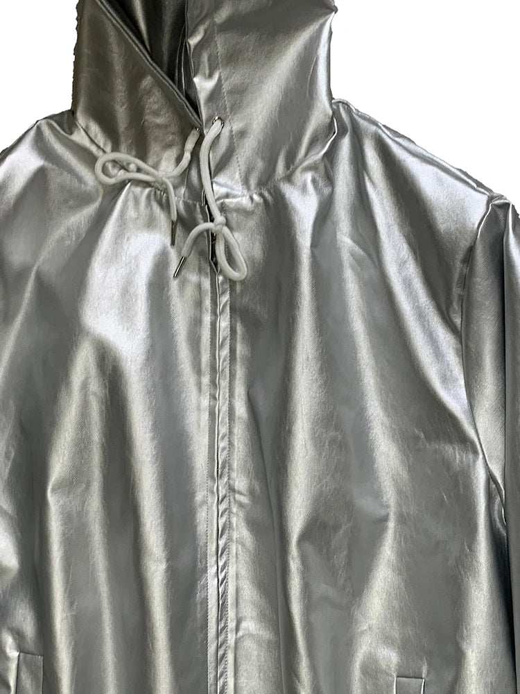 Mauroicardi Autumn Oversized Waterproof Silver Faux Leather Jacket Men with Drawstring Hood Zipper Loose Casual Korean Fashion