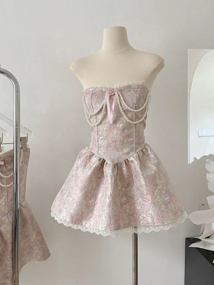 French Elegance Lolita Dress Fashion Sweet Luxury Prom Gown Pearl Chain Party Prom Sleeveless Robe 2000s Aesthetic New Design Pink