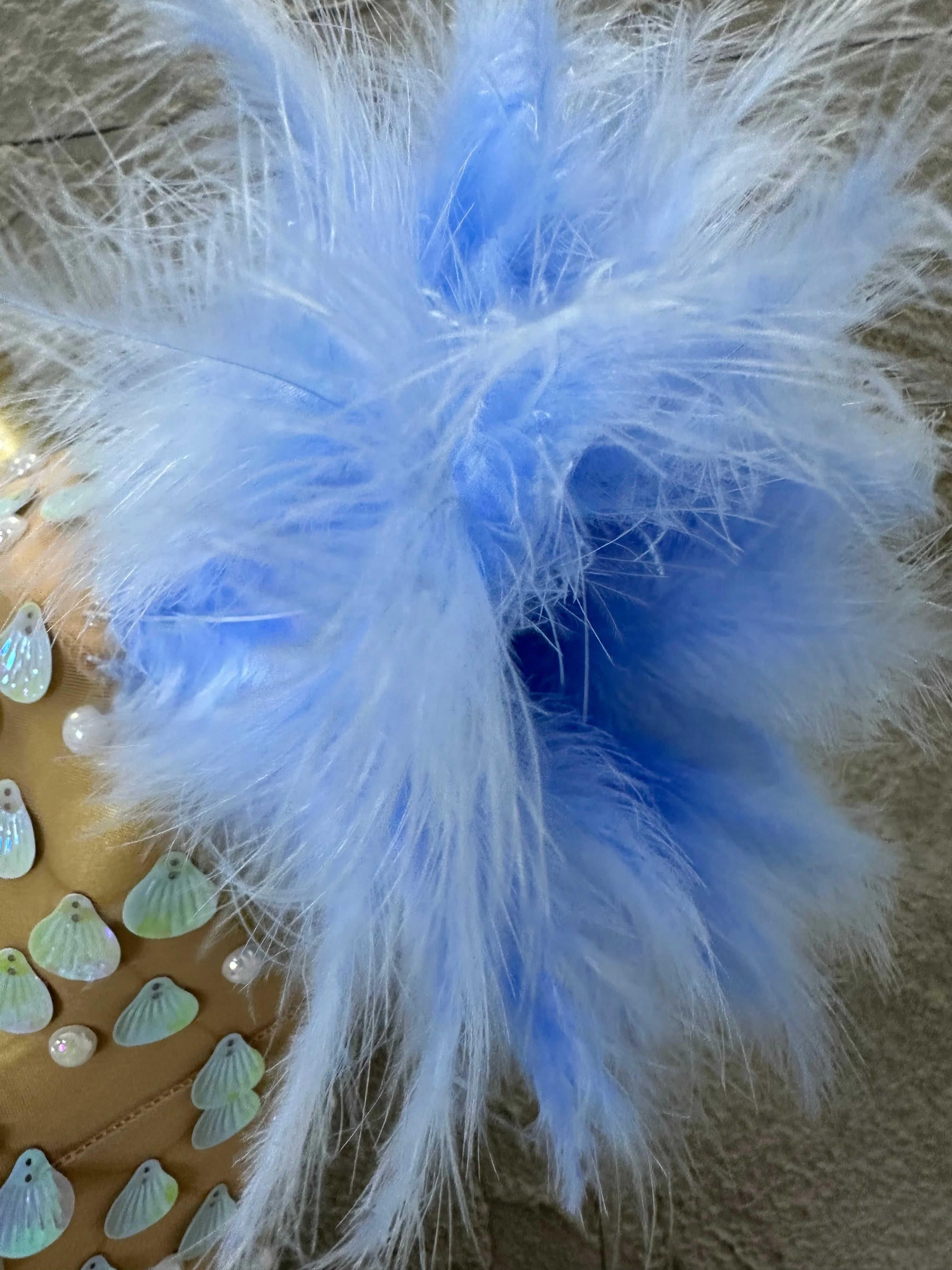 Women Blue Feather Trim Teardrop Sequin Embellished Bodycon Stage Performance Gown Nude Sheer Mesh Maxi Dress