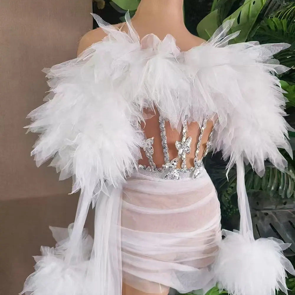 White Purple Women Sexy Strapless Mesh Ruffles 2 Pieces Bodycon Mini Dress See Through Celebrate Nightclub Party Birthday Wear