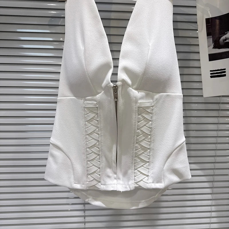 Winter New Fashion Drawstring Strap Design Backless Slim Chest Pad Halter Top For Women Solid Color Vest 11A07940