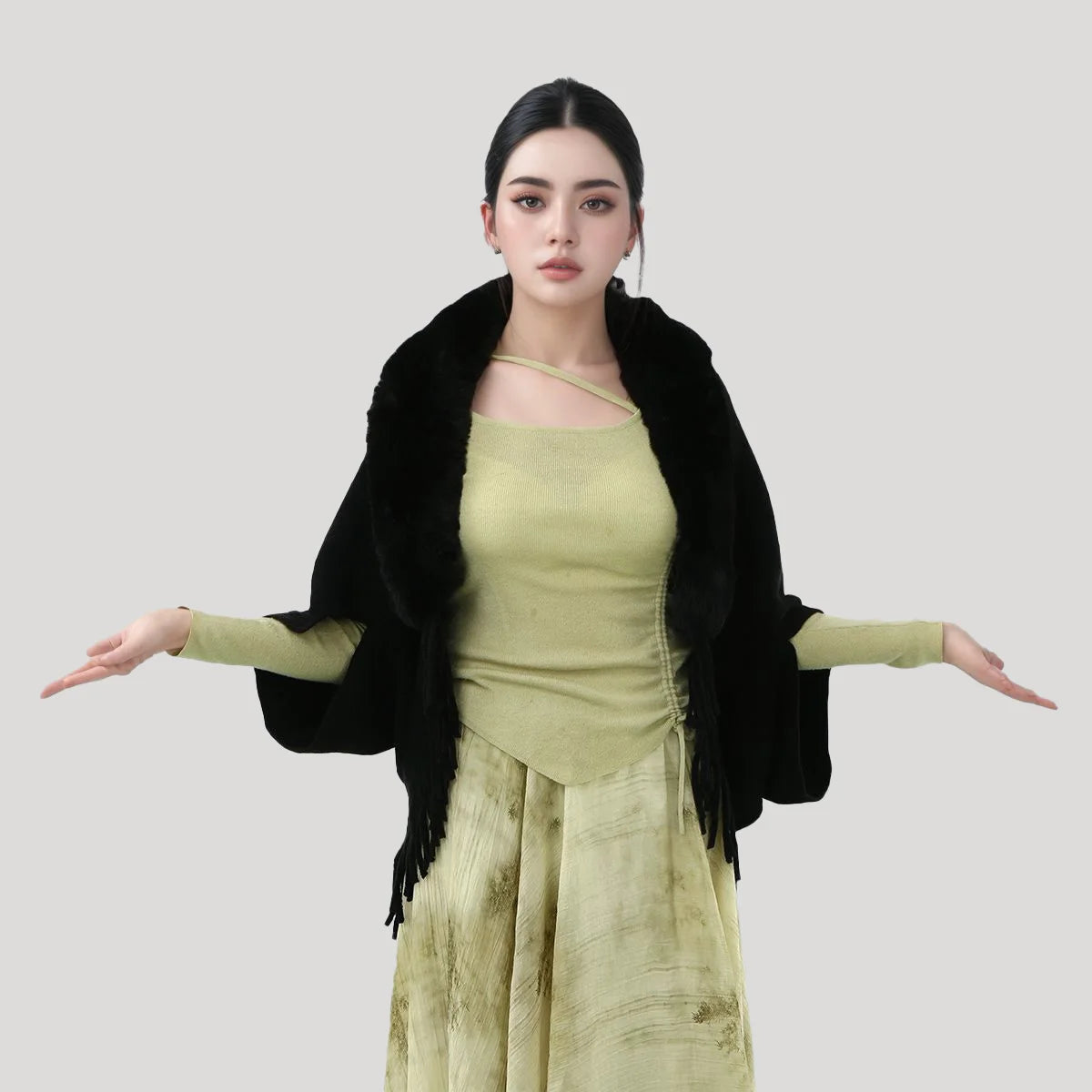 Fashion Faux Fur Collar Plush Shawl Knit Plaid Cardigan Cape Cloak Warm Thicken Shawl Autumn Winter Women Sweater Jacket Coat