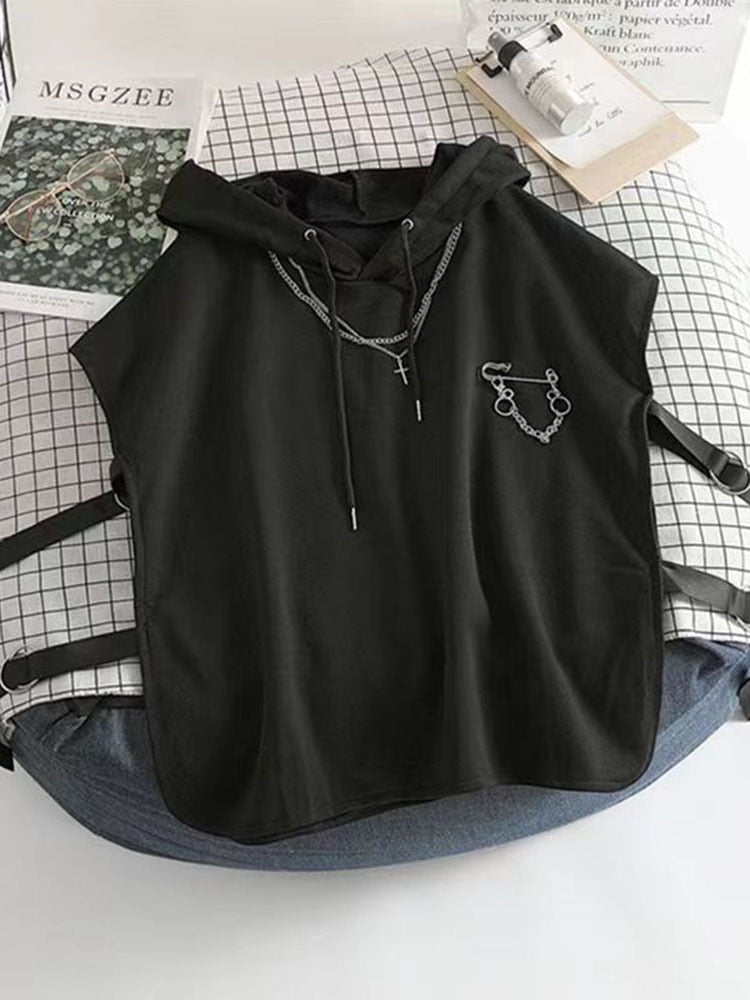 Women Streetwear Harajuku 3 Piece Set Pants For Women Chain Spring Cargo Pants+Hooded Vest+White Loose Blouse