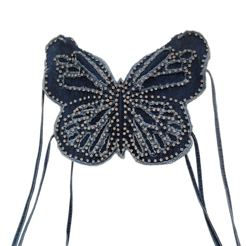 Spring Fashion New Halter Neck Strap Denim Vest For Women Backless Tie Rhinestone Butterfly Design Tank Top 11A07882