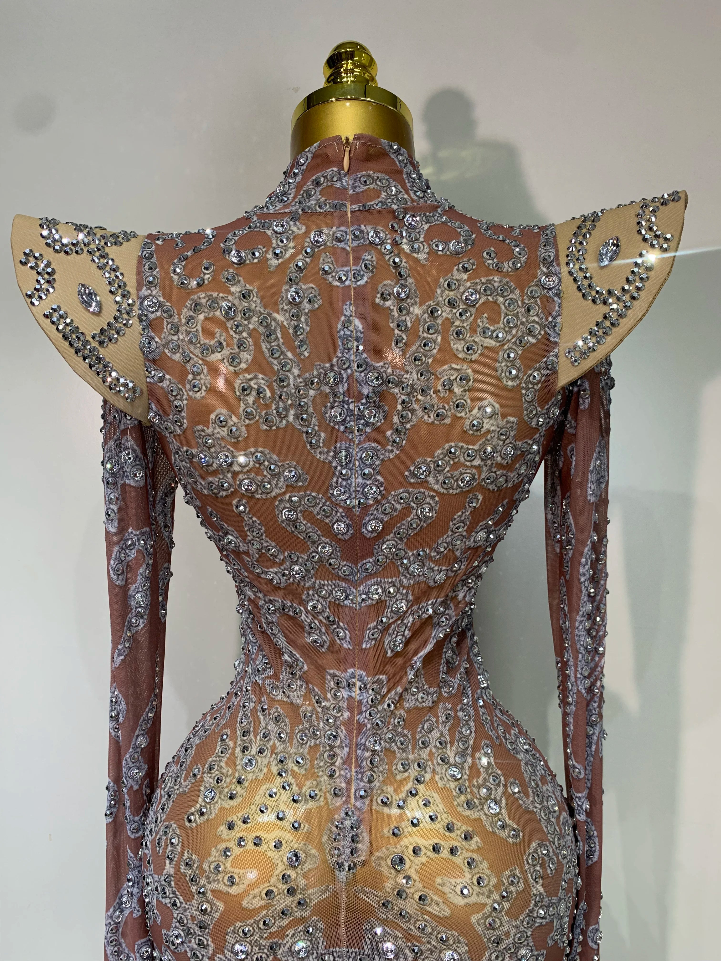 Women Shiny Rhinestones Mesh Transparent Mini Dress Luxury Birthday Celebrate Photoshoot Dress Singer Stage Drag Queen Costume