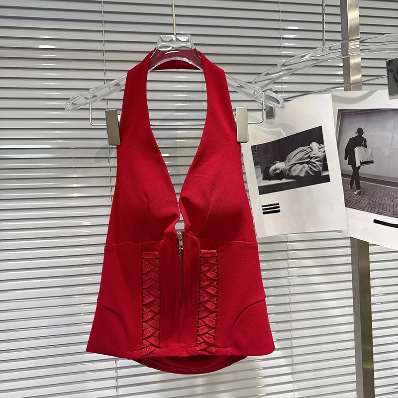 Winter New Fashion Drawstring Strap Design Backless Slim Chest Pad Halter Top For Women Solid Color Vest 11A07940