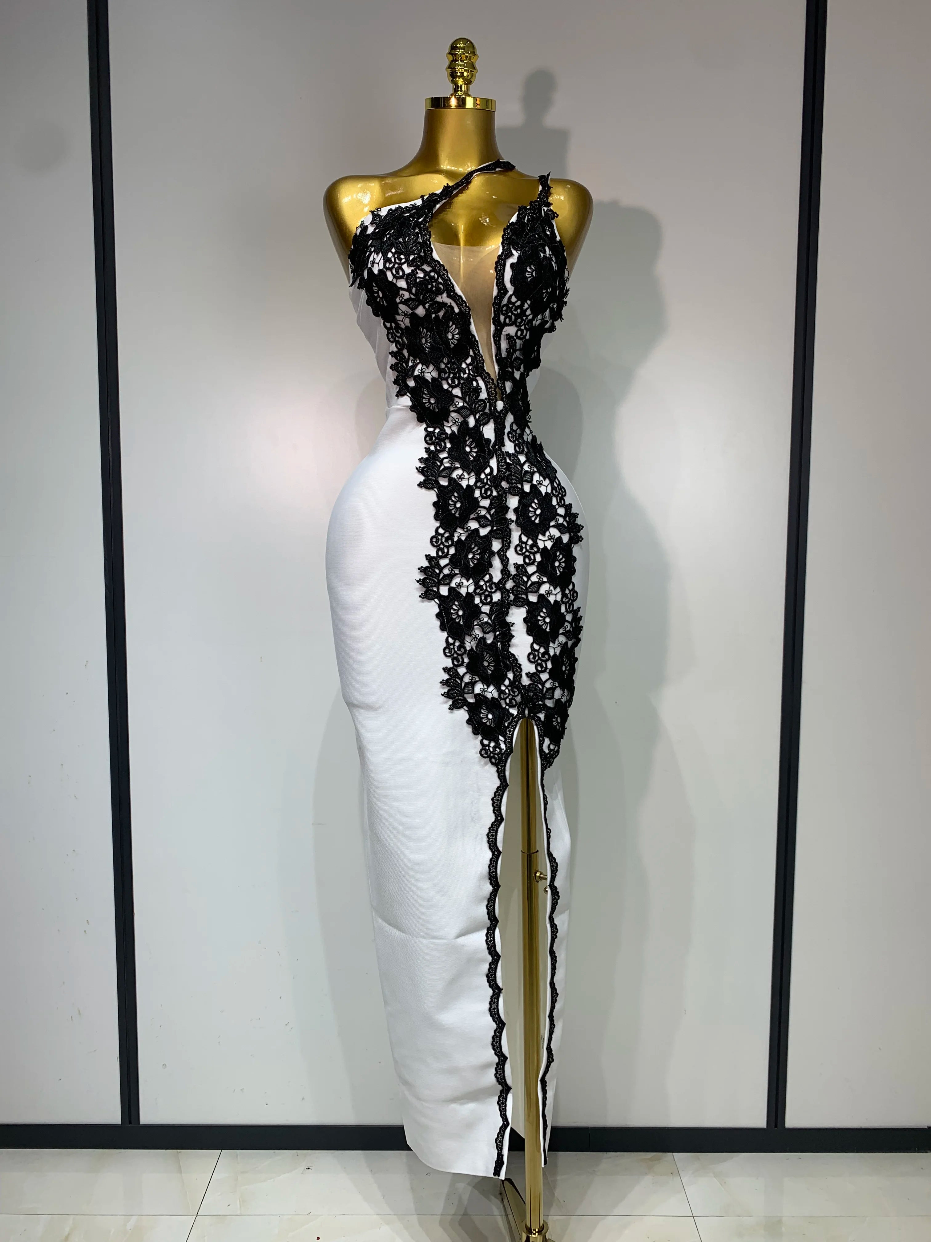 Women New Designer Black Lace Bodycon Bandage Dress Luxury Birthday Party Dresses Elegant Long Celebrity Evening Prom Gowns WHITE