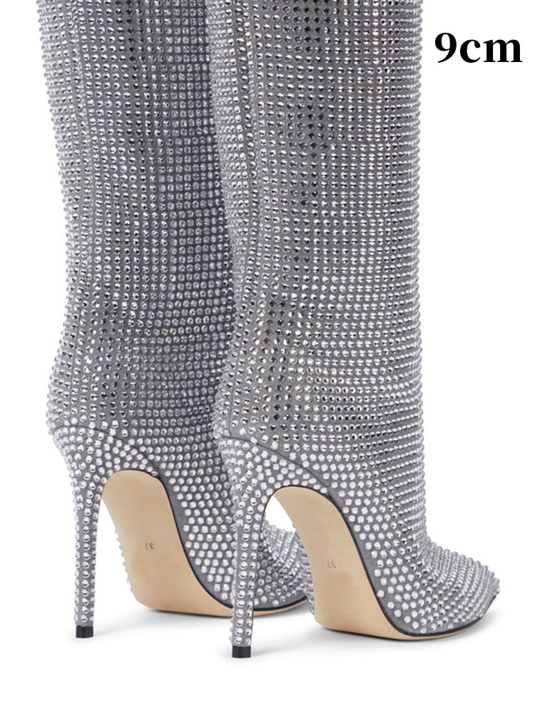 Women's New European and American Fashion Show Starry Sky High-heeled Rhinestone Pointed Nightclub Four Seasons Boots silver 9cm