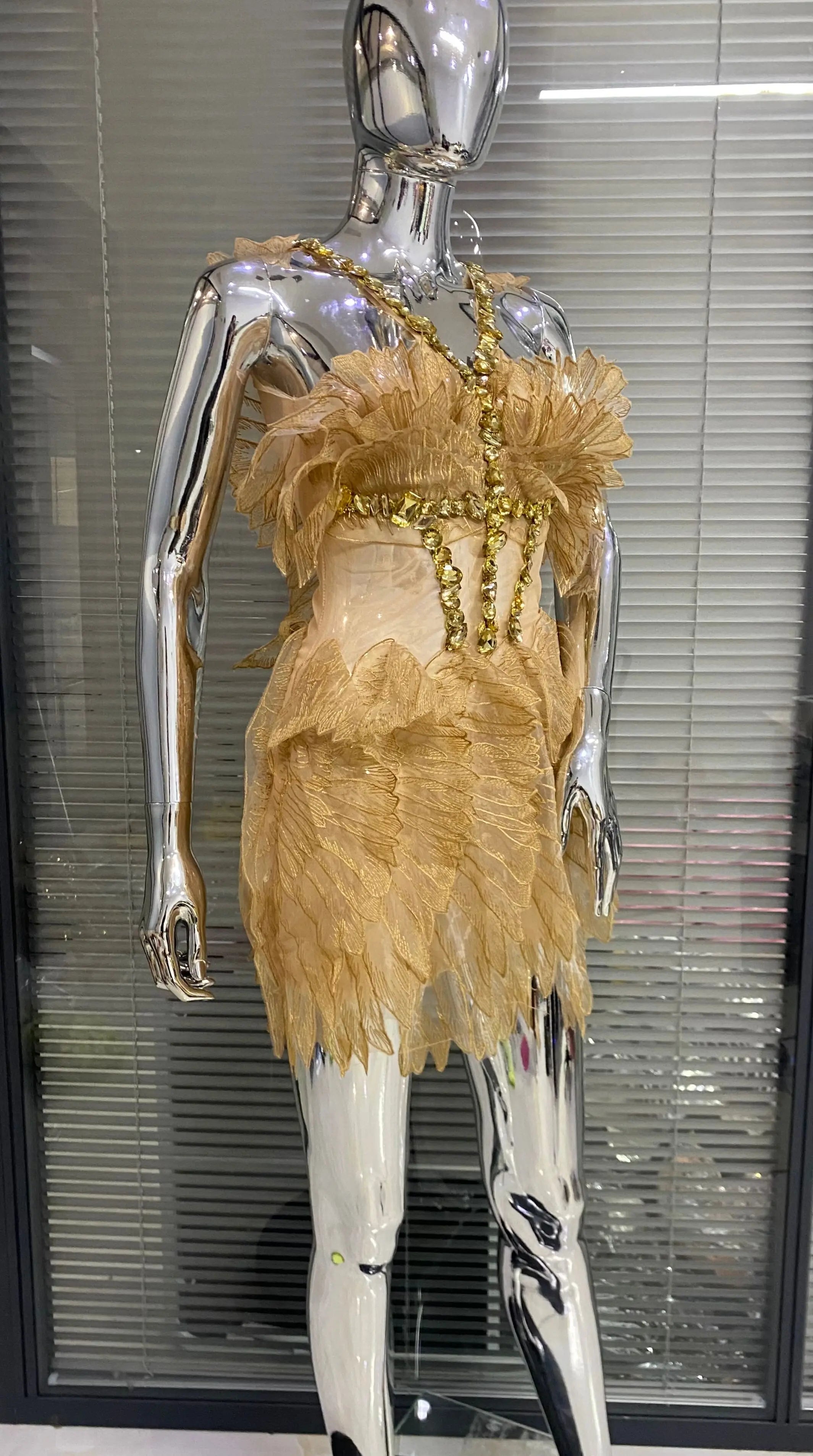 Gold Color Women Sexy Halter Crystal Bodycon Mini Dress Celebrate Birthday Party Girls' Nightclub Bar SInger Dress