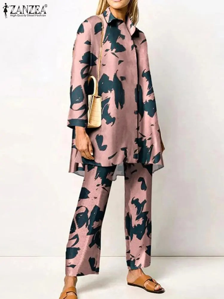ZANZEA Women Casual Pants Sets Outfits Oversized Fashion Printed Long Sleeve Blouse Wide Leg Pant Streetwear Loungewear Set Suit Pink