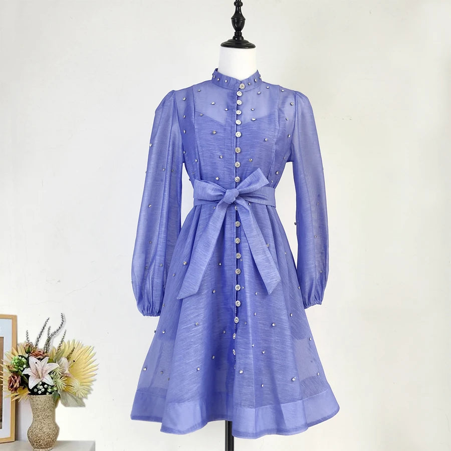 French Luxury Crystal Beaded Wedding Prom Mesh Dress Women Stand Long Lantern Sleeve Diamond Buttons Belt Lace Up Mini Vestidos blue