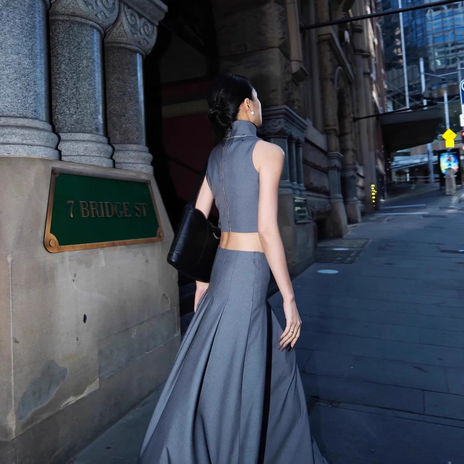 Lautaro Spring Autumn Grey Flowy Floor Length Pleated Skirt Women with Side High Slit High Waist Elegant Luxury Designer Clothes