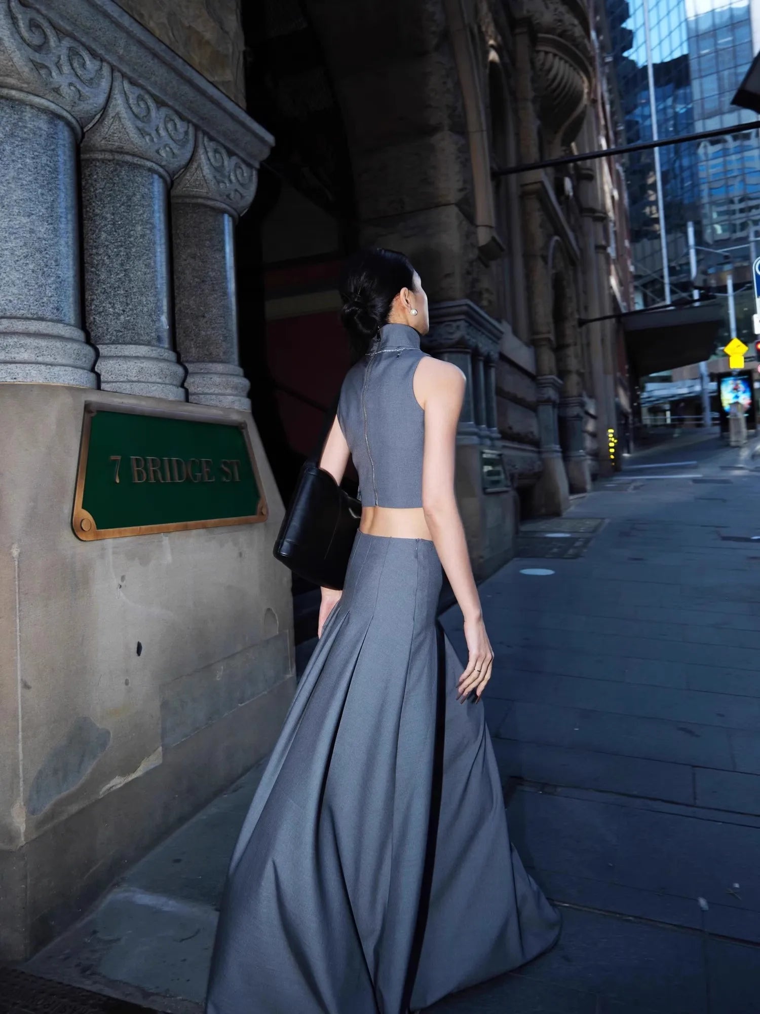 Lautaro Spring Autumn Grey Flowy Floor Length Pleated Skirt Women with Side High Slit High Waist Elegant Luxury Designer Clothes