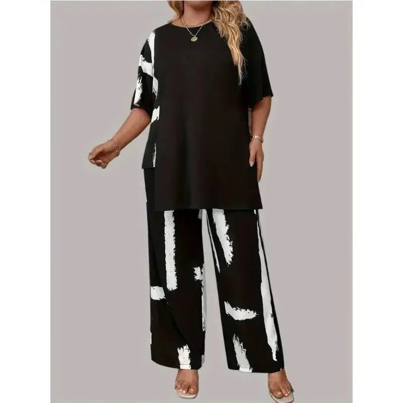 Plus Size Womens Brush Print Elegance Short Sleeve Round Neck Split Top & Matching Pants 2 Piece Outfit Set