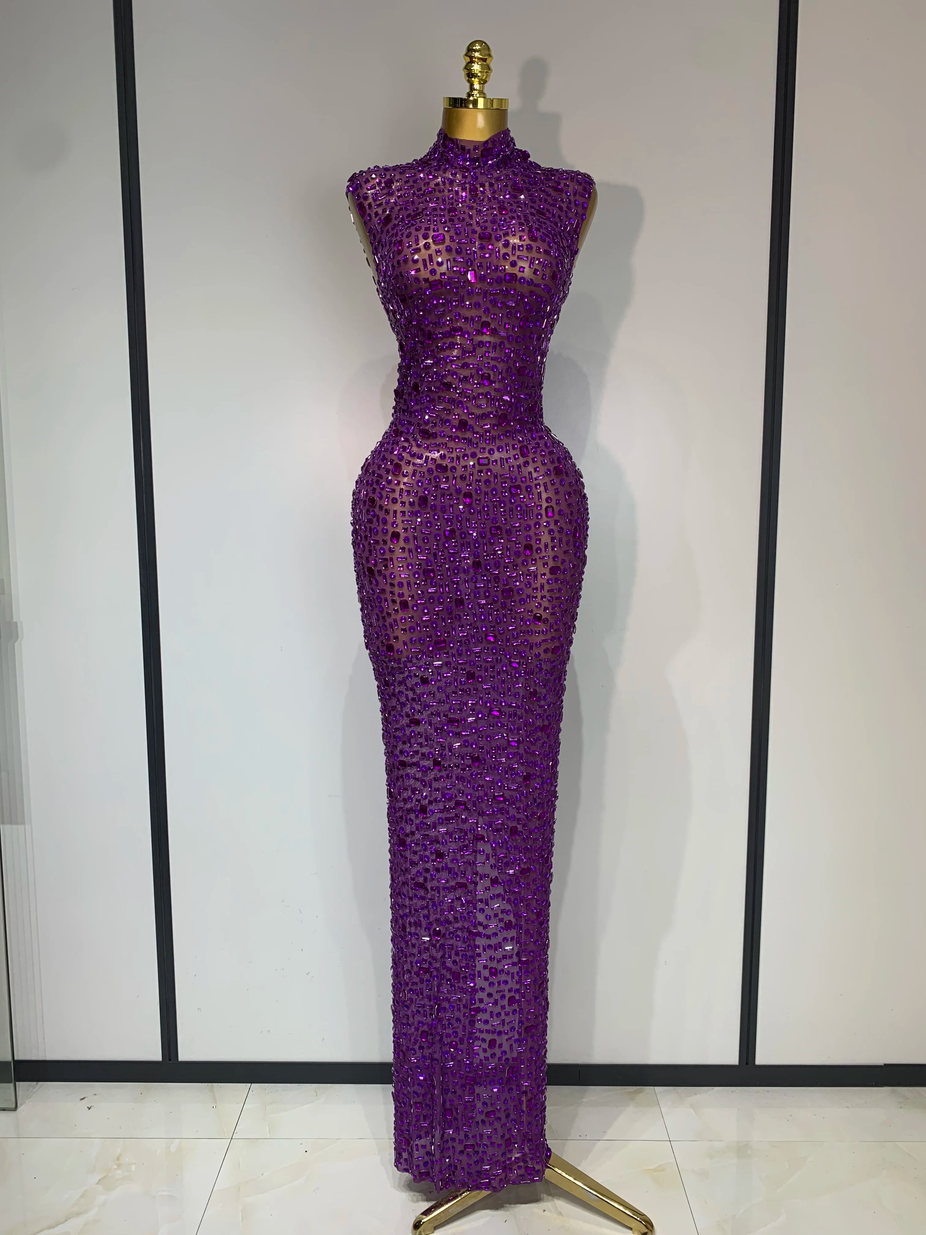 Sparkly Rhinestone Sleeveless Stretch Long Dress Women Sexy Mesh Celebrate Evening Prom Luxury Birthday Dress Evening Party Wear PURPLE