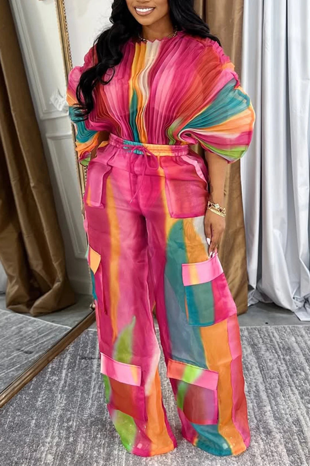 Plus Size Daily Hot Pink Gradient Round Neck Batwing Sleeve Half Sleeve Cargo Pleated Two Piece Pant Sets Hot Pink