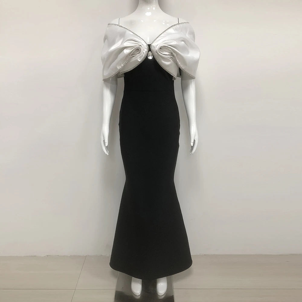 2025 Women Sexy Diamond Contrast Color Bandage Dress Off The Shoulder Patchwork Bodycon Clothes Club Party Elegant Dresses black