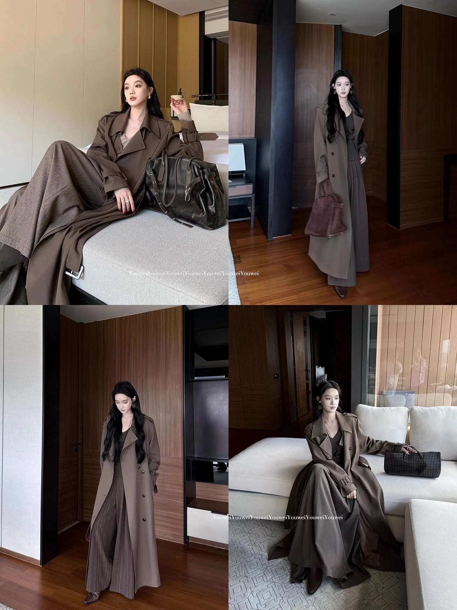 Lautaro Spring Autumn Long Flowy Coffee Trench Coat for Women Belt Double Breasted Loose Casual Overcoat Korean Clothes 2025