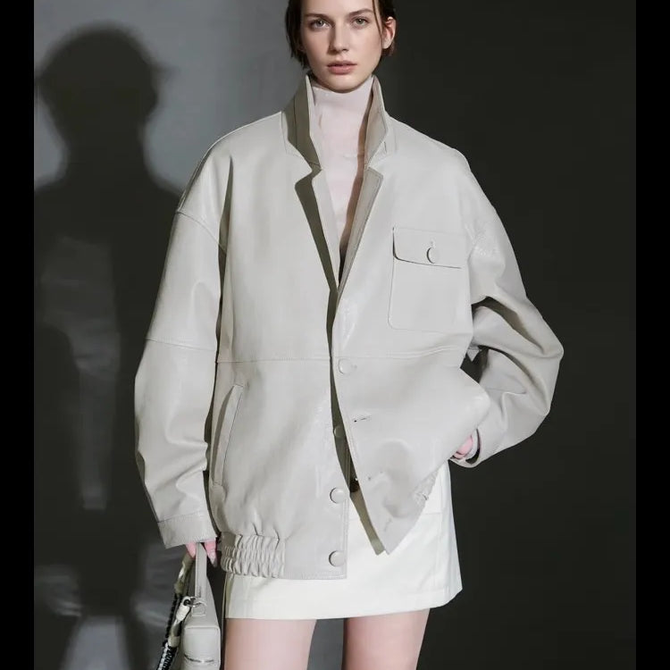 Lautaro Spring Autumn Oversized Waterproof Distressed Brown Pu Leather Jacket Women Single Breasted Luxury Designer Clothes 2025 Beige