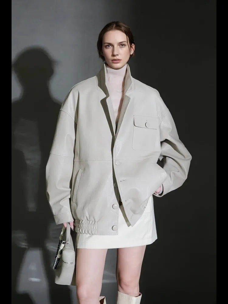 Lautaro Spring Autumn Oversized Waterproof Distressed Brown Pu Leather Jacket Women Single Breasted Luxury Designer Clothes 2025 Beige