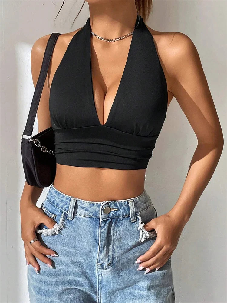Sleeveless Backless Deep V-neck Halter Top Women Summer Club Party Sexy Solid Color Crop Tops Streetwear Y2K Clothes black