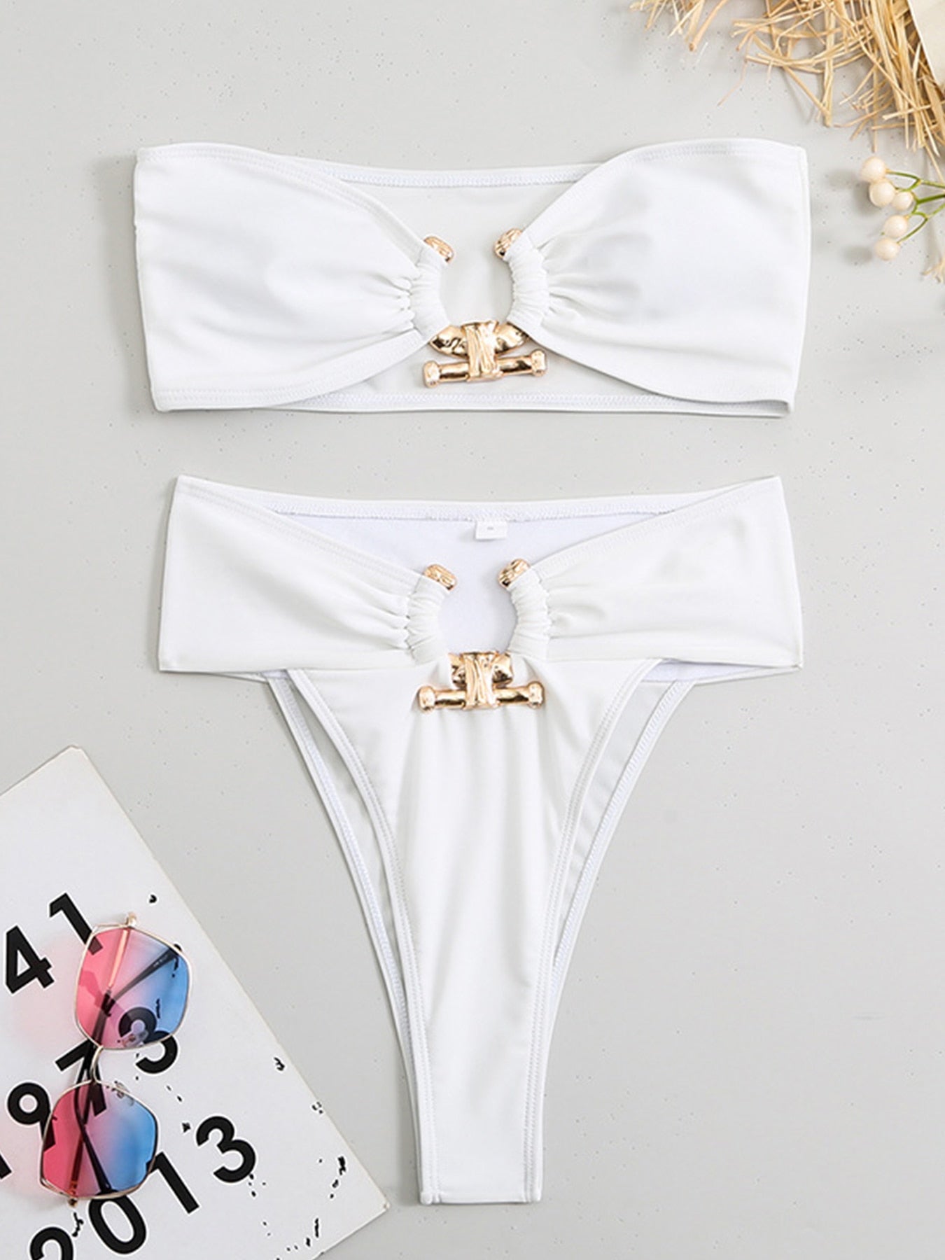 Sexy High Waist Bandeau Bikini Push Up Swimwear - Swimsuit Female Two Pieces Beachwear Metal Accessories Bathing Suits