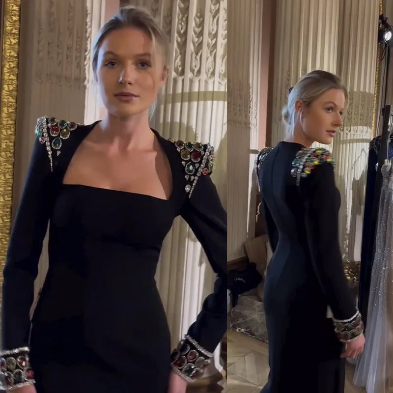 Luxury Colorful Diamonds Sexy Square Collar Black Bandage Dress Fashion Woman Evening dress Celebrity Cocktail Party Outfit Red