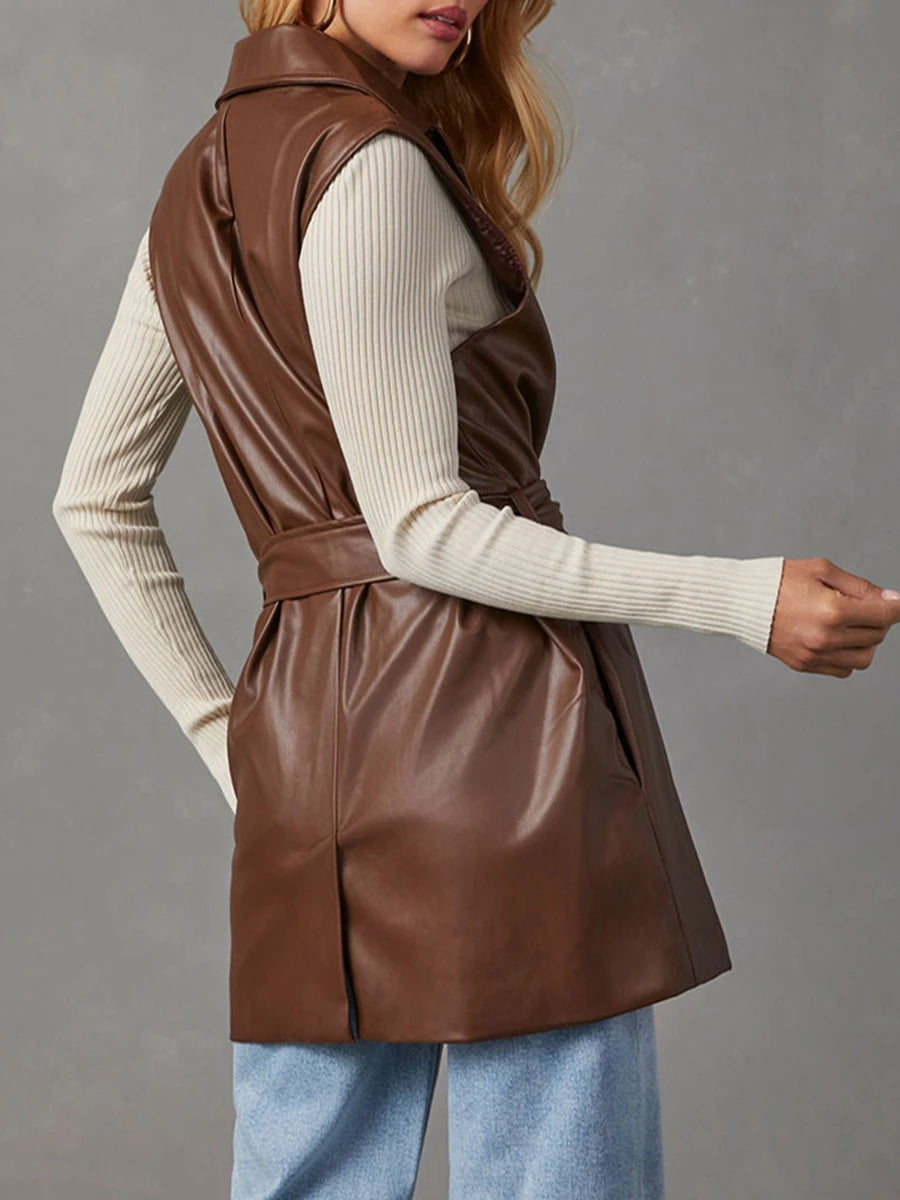 Women PU Leather Blazer Casual Sleeveless Lapel Collar Solid Color Jacket Autumn Outwear with Belt