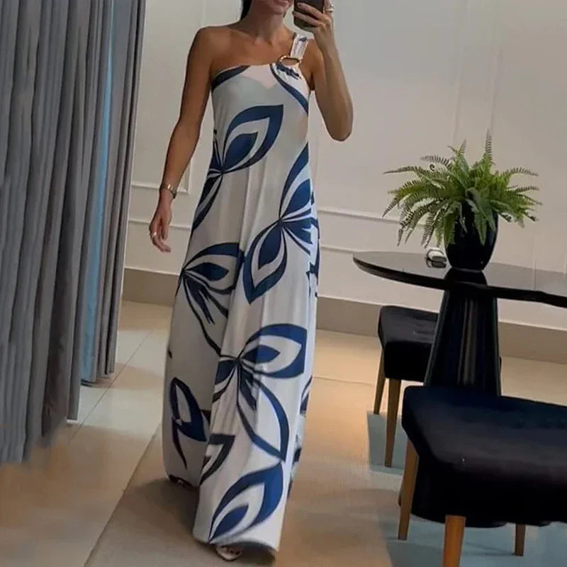 Ellafads Long Dress Women Casual Simple Printed One Shoulder Strap Sleeveless Loose Summer Holiday Beach Maxi Dresses Streetwear
