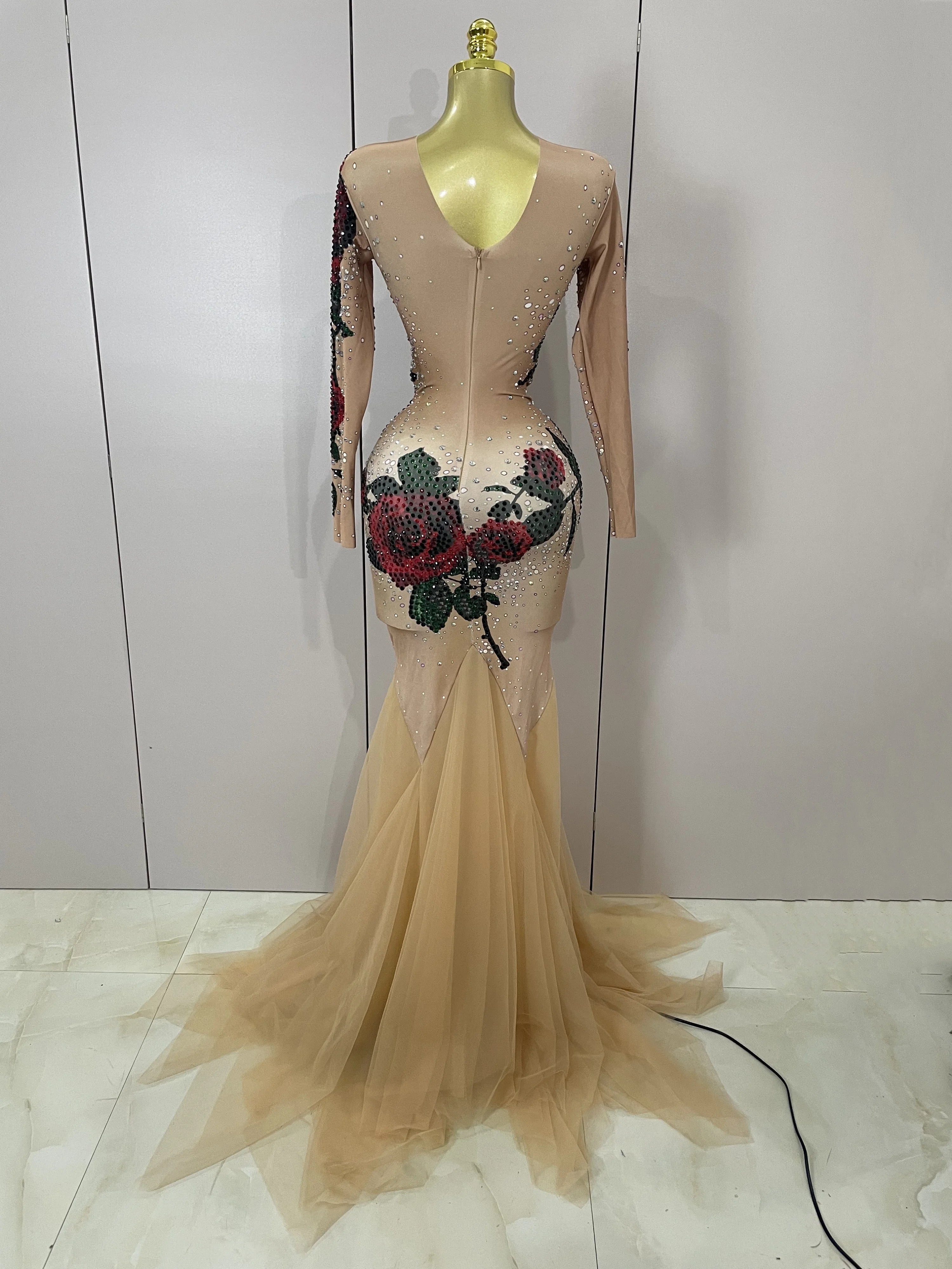 Sexy Shiny Rhinestone Rose Floral Floor-Length Dress Evening Women Eveing Celebrate Birthday Party Nightclub Performance Costume