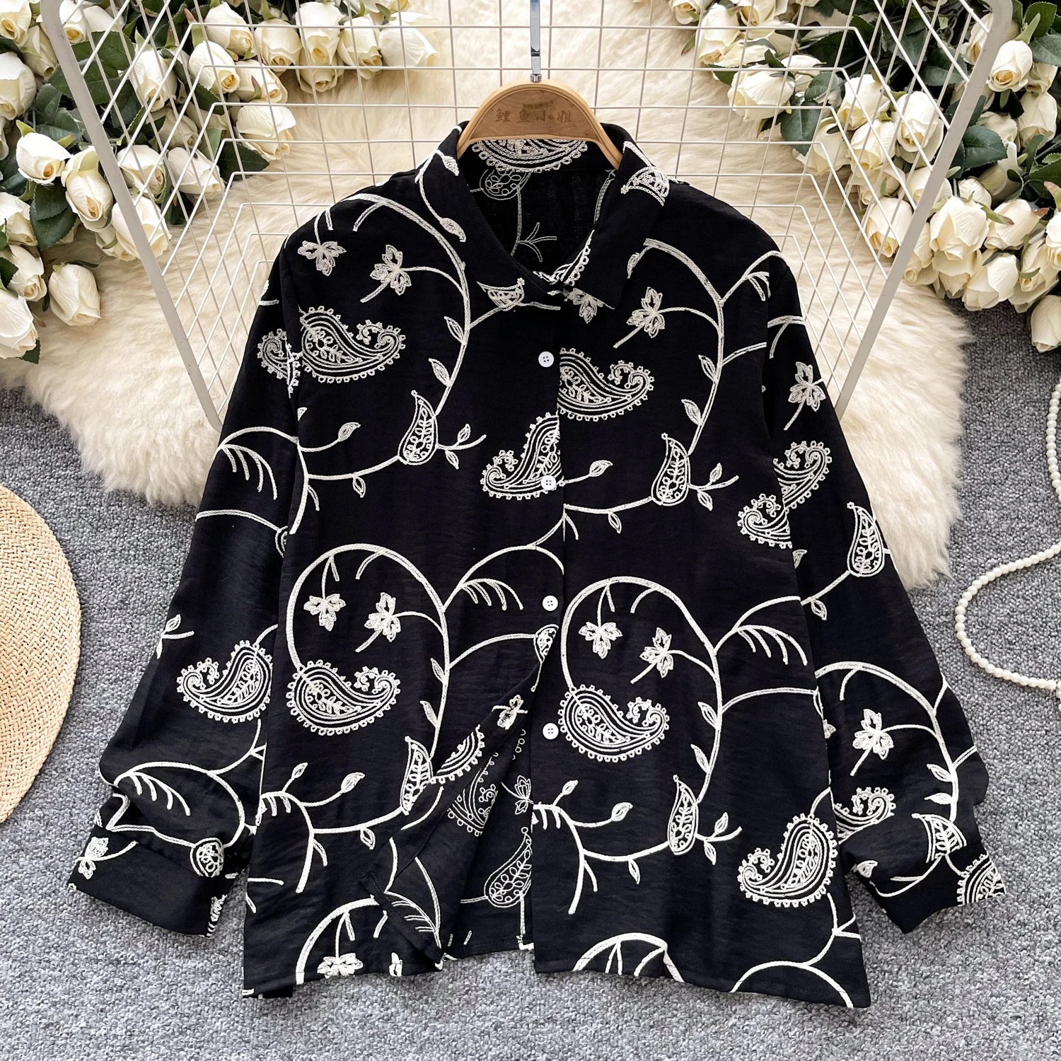 Vintage Elegant Embroidery print turn-down collar Blouse Fashion Single Breasted sweet Shirt Casual Chic Top Fairy Summer Women black One Size