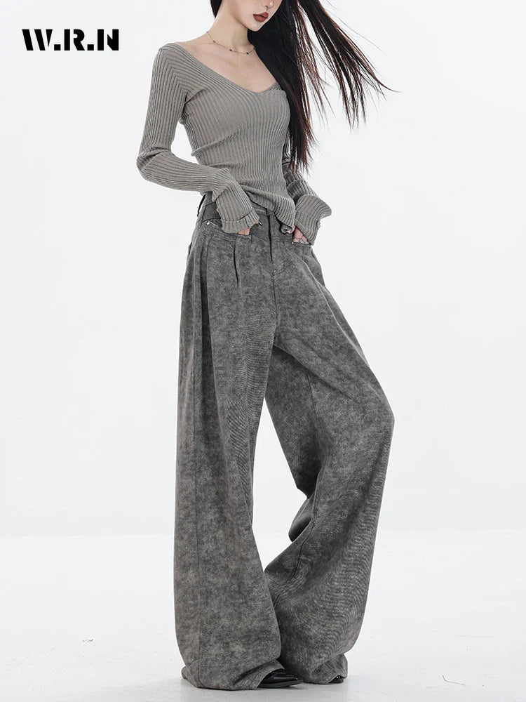 Spring Women's Casual Y2K Grunge Punk Style Denim Trouser American Retro High Waist Straight Jeans Pockets Hip-hop Pants