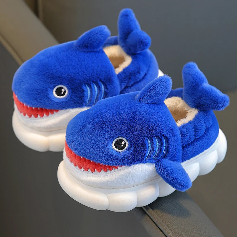 Winter Wrap Heels Cute Cartoon Shark Cotton Slippers Children's Non-slip Soft For Kids Girls Boys Baby Warm Plush Home Shoes Blue