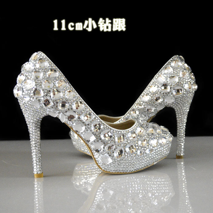Women Rhinestones Pumps Shoes Super Flash Crystal Chaton Wedding Shoes White Bride Shoes Show Diamond High-heeled Shoes 11CM 1