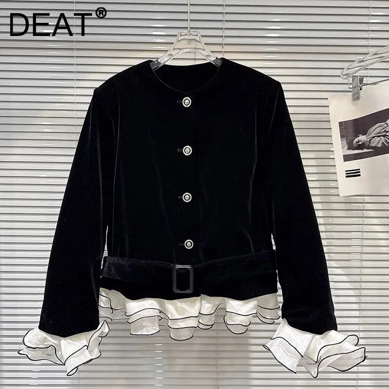 Winter New Fashion Chiffon Lace With Belt Velvet Fabric Cotton Short Coat For Women High Waist O-neck Jacket 11A07695