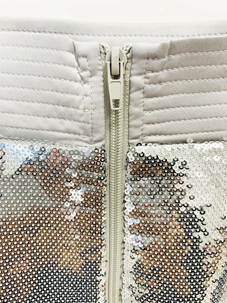 HIGH STREET Newest Stylish Designer Suit Set Women's Glitter Seqeuined Crop Short Jacket Skirt Suit 2pcs