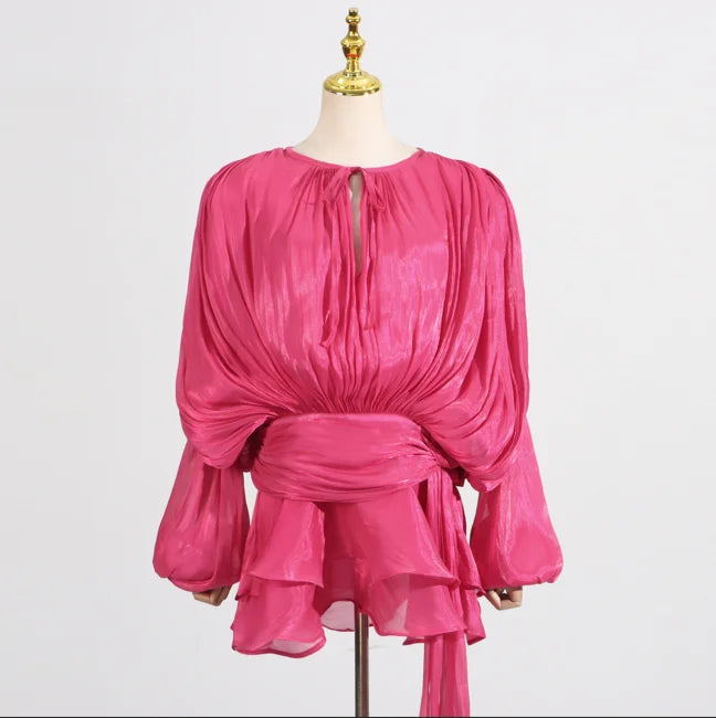 Solid Loose Spliced Lace Up Elegant Dresses for Women Round Neck Long Sleeves Patchwork Folds Dress Female Style ROSE