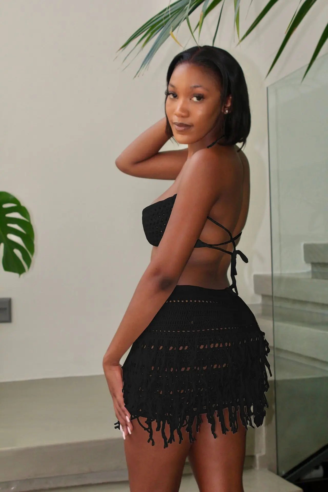 Beach Holiday Knit Crochet Tassel Women Two 2 Piece Set Outfits Bra Top and Mini Skirt Suit 2024 INS Street Dress Set