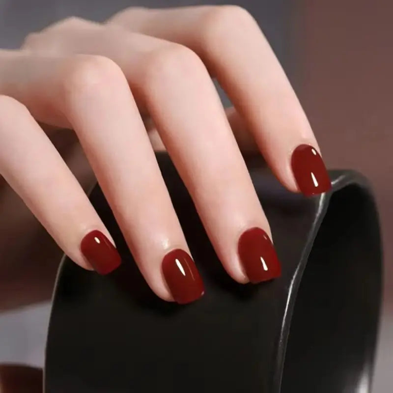 24Pcs Wine Red Simple Press on Nails Short Square Ballet Cute Wearing French Nails Fashion Glossy Solid Color Acrylic False Nail