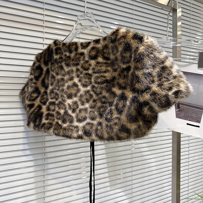 Winter New Style V-Neck Yellow Leopard Print Tie Design Fluffy Shawl Top For Women High Waist Cardigan Female 11A07487