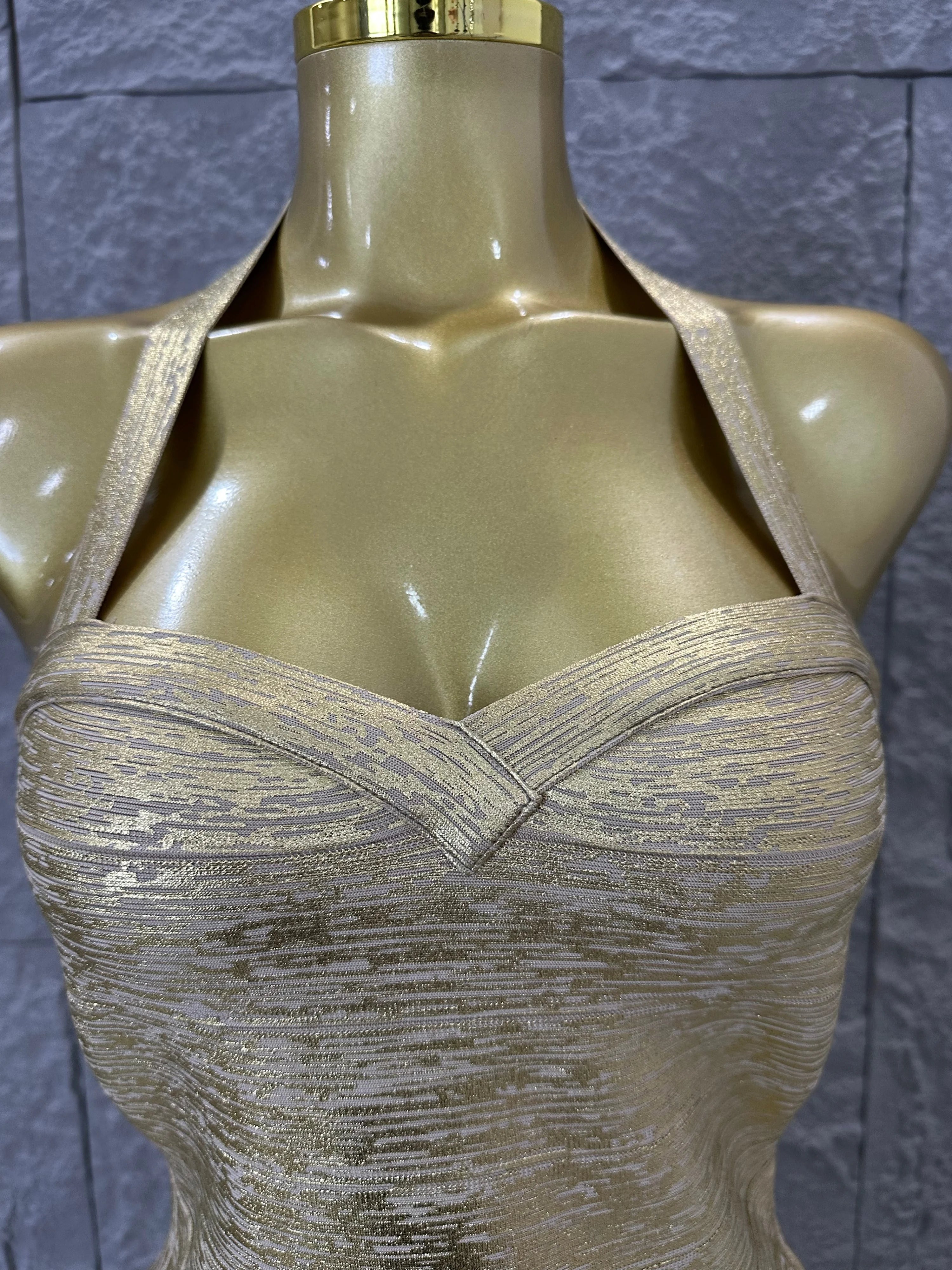 Elegant Gold Metallic Bandage Mini Dress Women Halter Neck Sweetheart Bodycon Formal Event Cocktail Party Costume