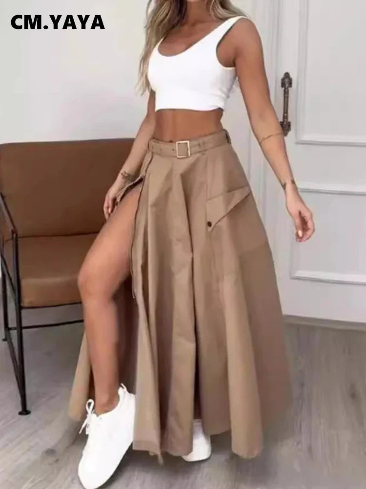 CM.YAYA Women Fashion Pocket Front Zipper Slit Slim High Waist Maxi Skirt Streetwear Casual Safari Solid Long Skirts