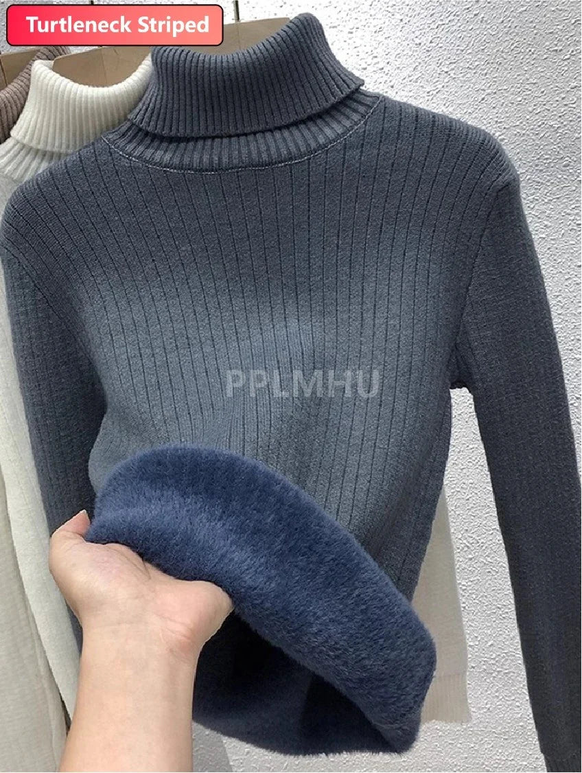 Warm Knit Pullover New Thicken Turtleneck Sweater For Winter Women Casual Slim Plush Lined Soft Long Sleeve Knitwear Jumper Tops striped grey green