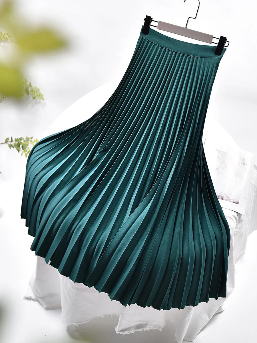 Brand Designer Women Spring Autumn Elegant Chic Solid Pleated Skirt High Waist Luxury Fashion With Elastic Female C-035 Dark Green
