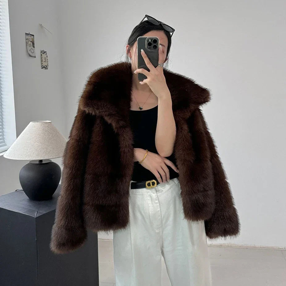 Brown Women Faux Sable Fur Jacket Oversized Lapel Long Sleeve Warm Fluffy Coats Winter Female Loose Streetwear Outwears
